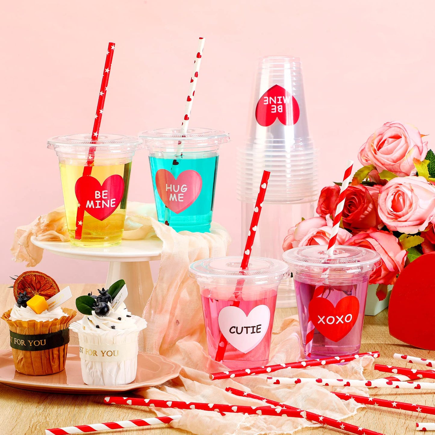 20 Sets Valentine's Day Disposable Cups with Lid and Straws,12 oz Clear Plastic Valentines Cups with Stickers for Iced Coffee Juice Valentine's Day Party Supplies (Classic)