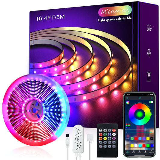 16ft/5M Led Strip Lights, Controller and Bluetooth APP Controlled Rope Lighting for Bedroom Home Decoration, Music Sync Color Changing RGB LED Lights with Remote Indoor
