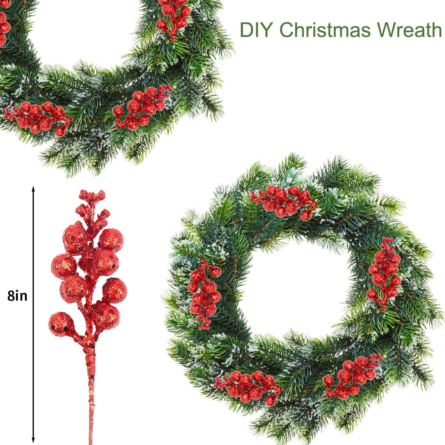 DIYASY Artificial Red Berry Stems,20 Pcs 7.8 Inch Glitter Christmas Tree Picks for Christmas Tree Ornaments,DIY Xmas Wreath, Holiday and Home Decoration