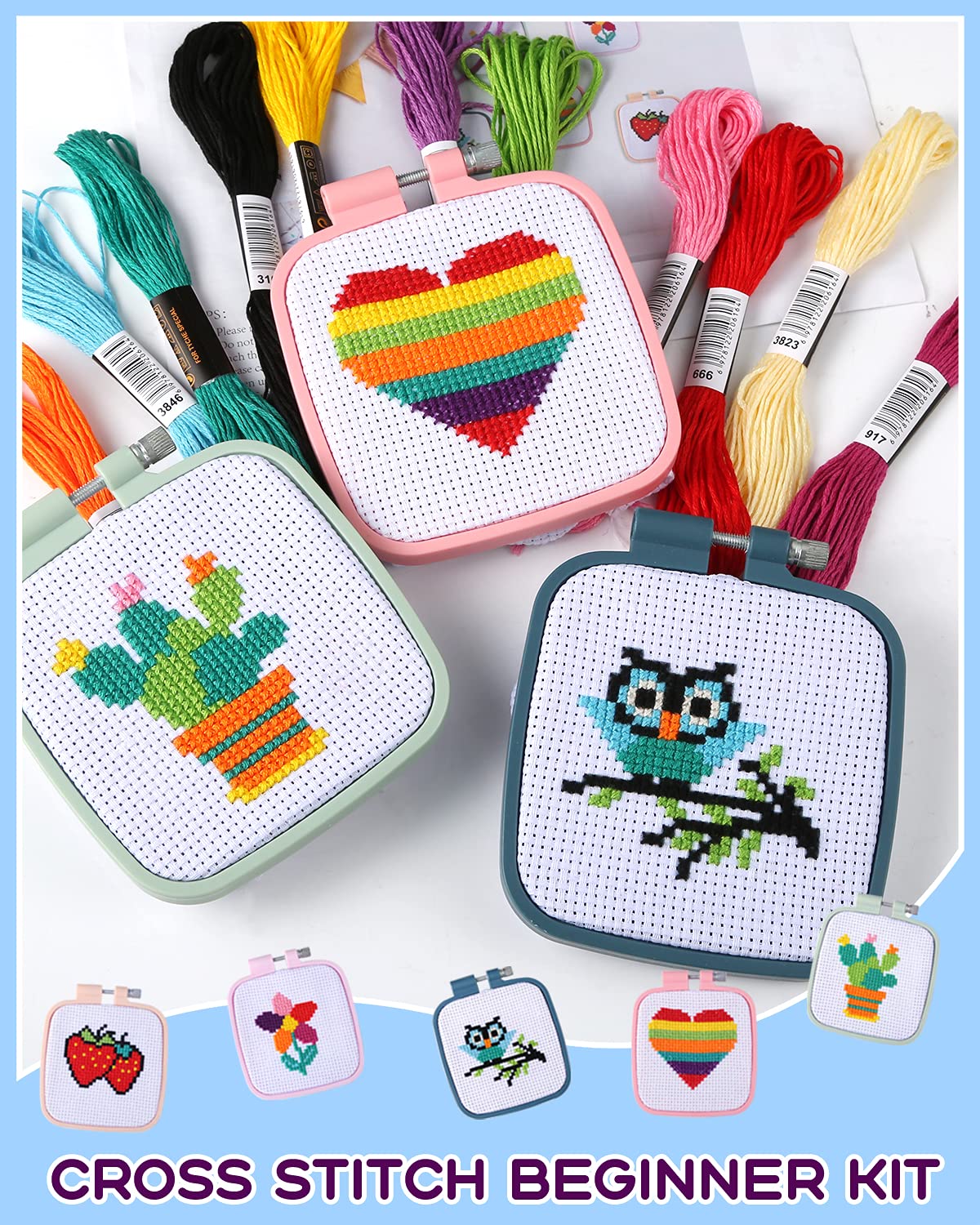 5PCS Cross Stitch Kits for Beginners for Kids 7-13, Includes 5 Project Patterned and 5pcs Square Embroidery Hoops, 11 Skeins, Needle Point Starter Kit Sewing Set with Instructions
