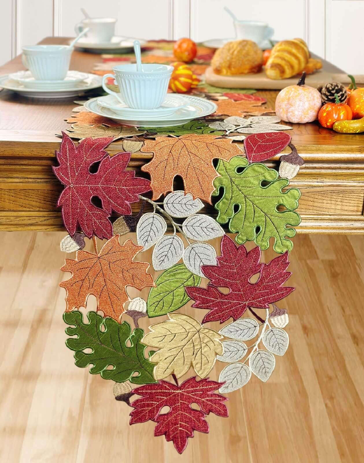 KEVA Fall Table Runner 72inches Long, Autumn Maple Leaves Table Runner 13x72 inch for Thanksgiving Kitchen and Table Decoration, Harvest Fall Farmhouse Rustic Embroidered Thanksgiving Table Runner