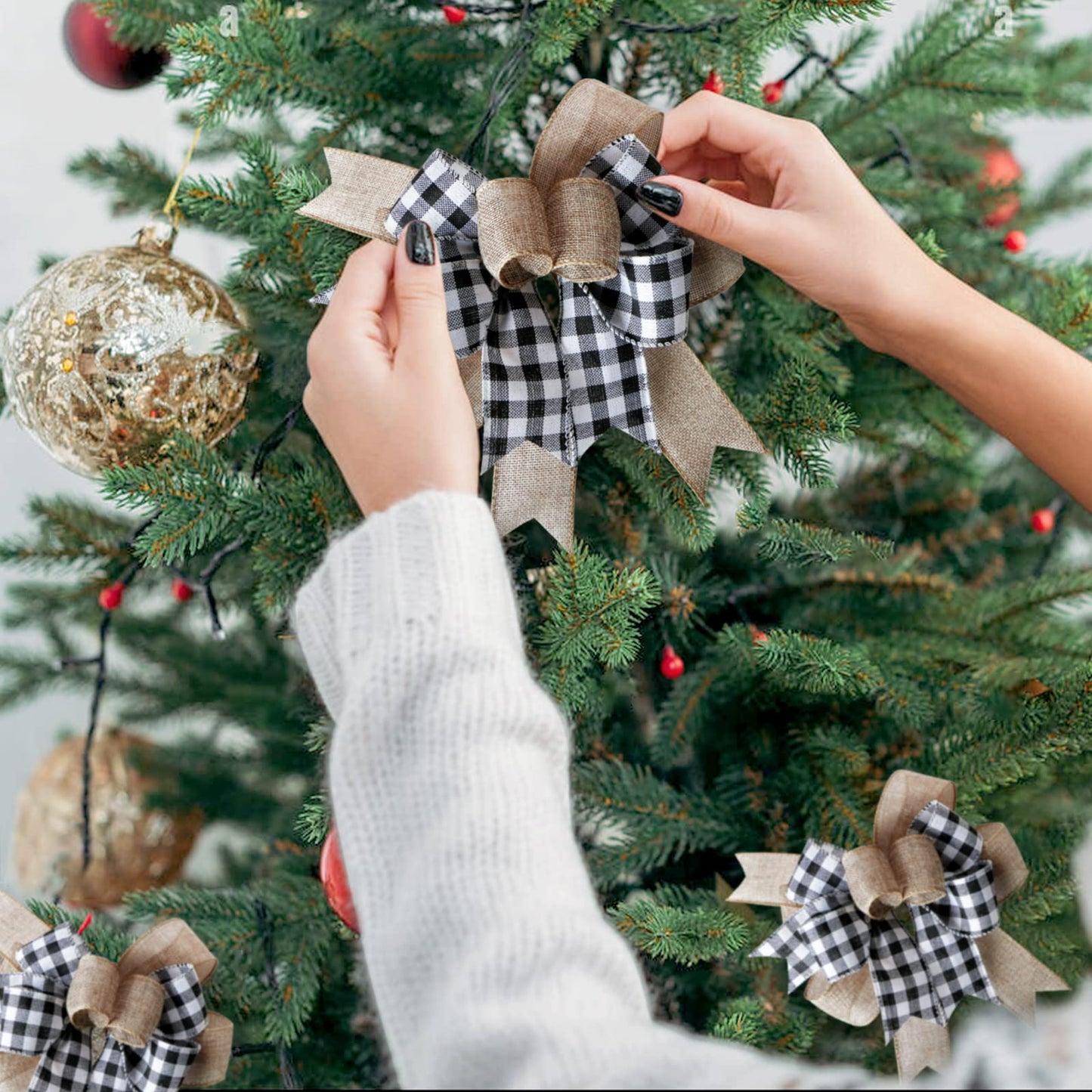 SIMISI RIBBON Christmas Buffalo Plaid Bow Burlap Black White Plaid Bows for Wreath Kitchen Decor (9.5 x 13 inch)