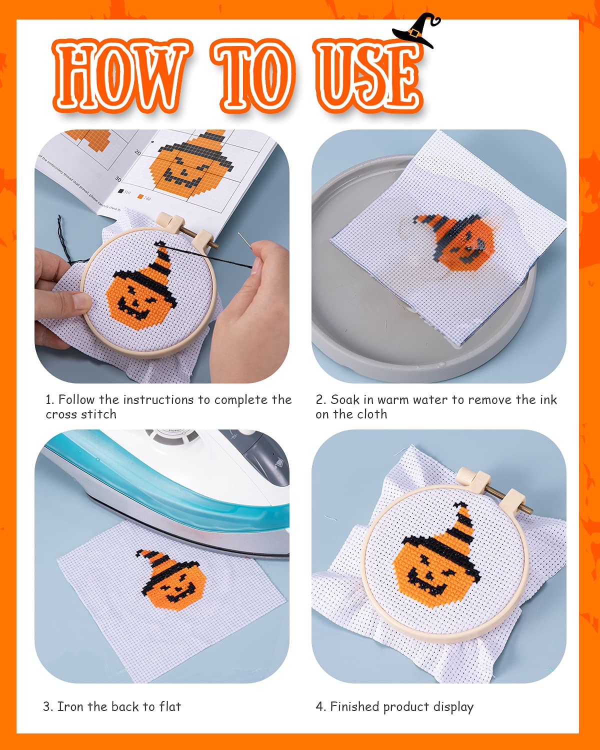 Pllieay Halloween Cross Stitch Beginner Kit for Kids 7-13, Includes 6pcs Project Cross Stitch Pattern and 2pcs Hoops, 8 Skeins, Needle Point Starter Kit Sewing Set with Instructions