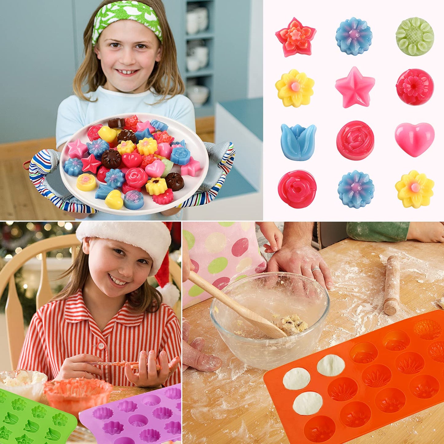FIRETREESILVERFLOWER Flower Shape Chocolate Candy Molds Set,Heart,The stars,The rose,Flowers in Combination,15 Cavity Silicone Baking Mold Ice Cube Tray-Wedding,Festival,Parties and DIY Crafts-(6Pcs)