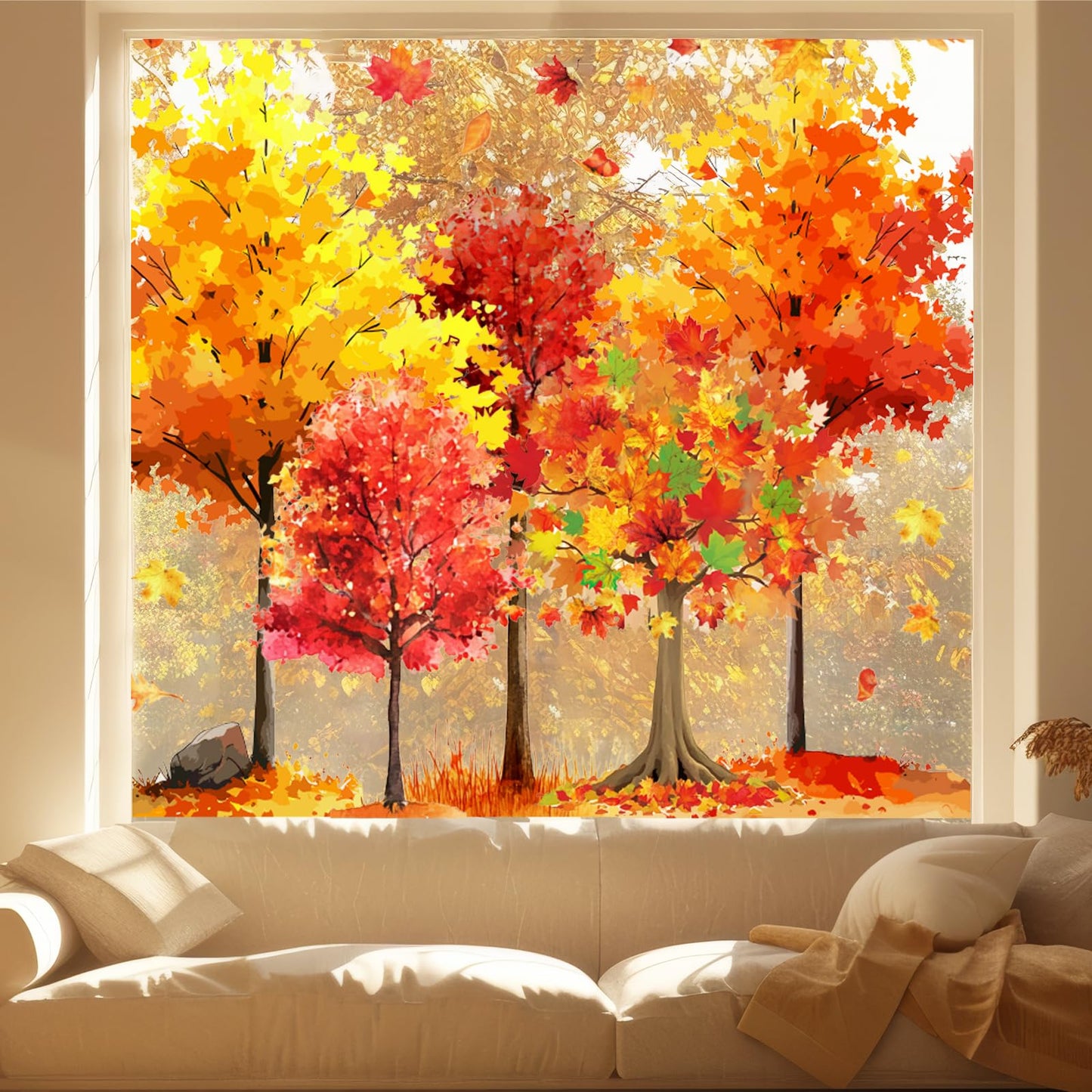 9 Sheets Fall Window Clings Maple Leaves Tree Window Stickers Double-Sided Glass Decals for Autumn Harvest Thanksgiving Home Party Decoration