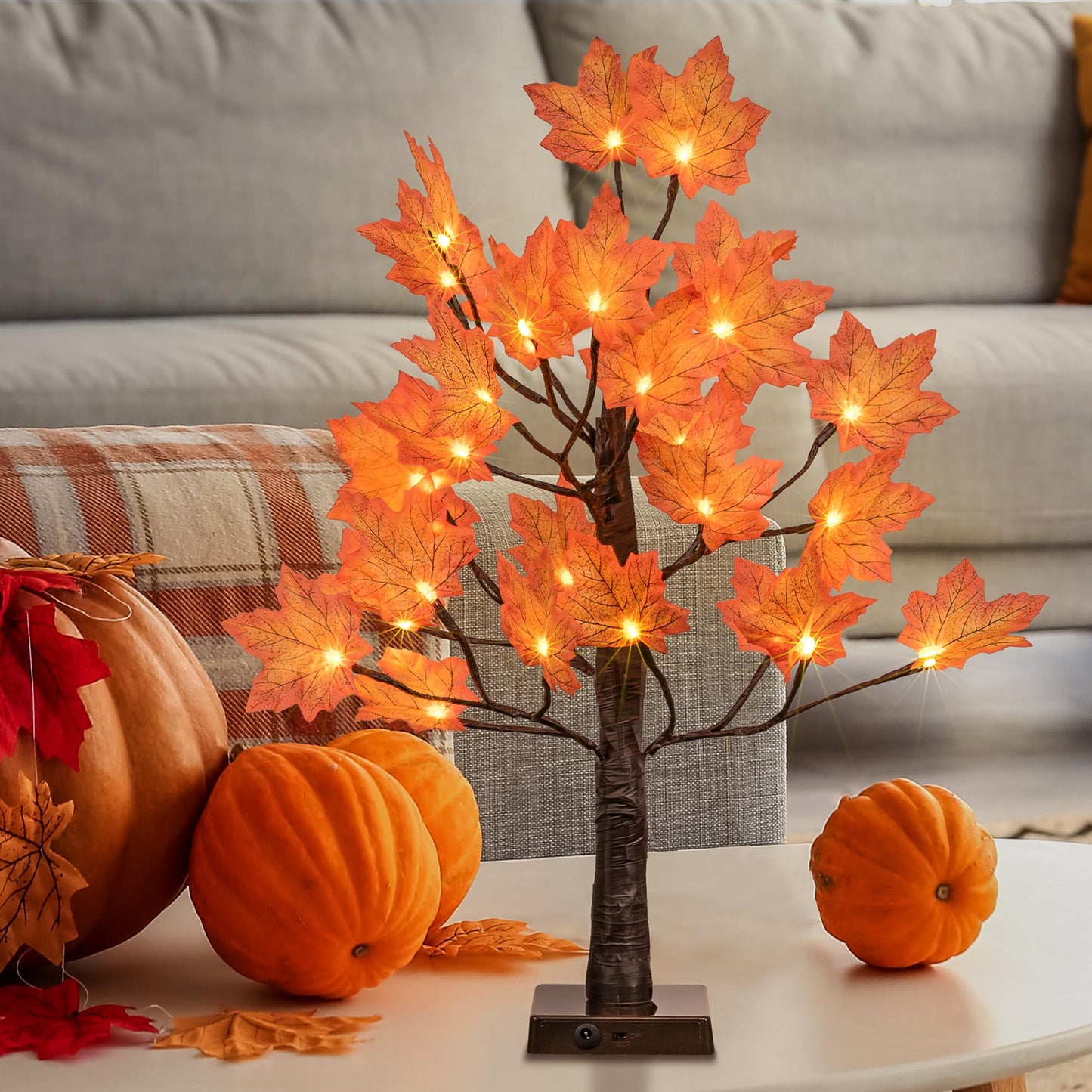 24IN Lighted Maple Tree for Fall Decorations, USB & Battery Operated with Timer Table Lights for Home Party Indoor Outdoor Thanksgiving Autumn Harvest Decor