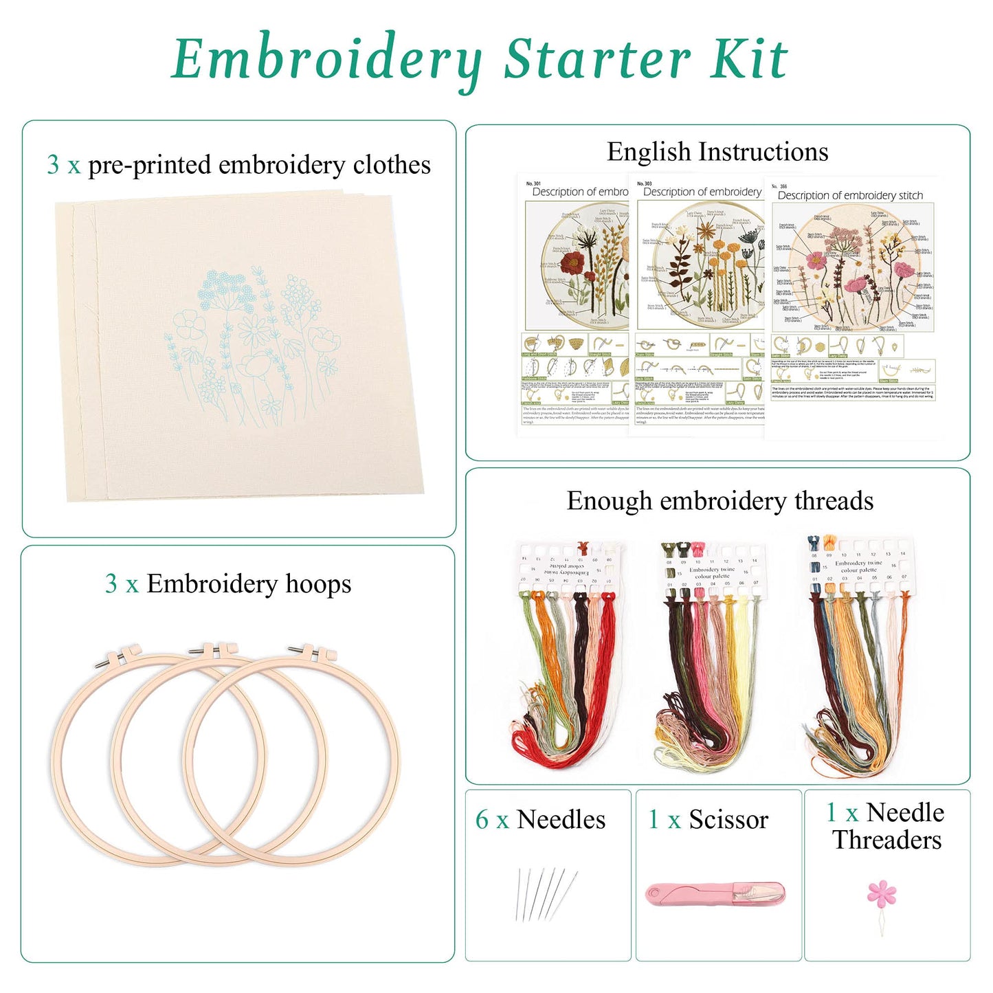 Harimau 3 Pack Embroidery Kit for Beginners , Floral Plant Pattern,Cross Stitch Kits Set , Including Stamped Embroidery Cloth with 3 Embroidery Hoops, Color Threads and Tools (Flower)