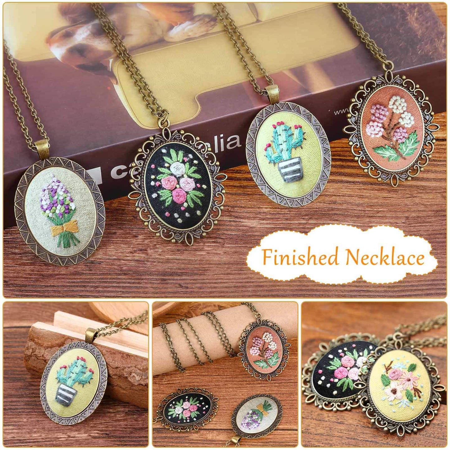 4 Packs Embroidery Kit for Beginners, Shynek 26 Pcs Mini Cross Stitch Kits includes Stamped Embroidery Clothes with Flowers Pattern Embroidery Necklace Pendant Embroidery Hoops and Necklace Chains