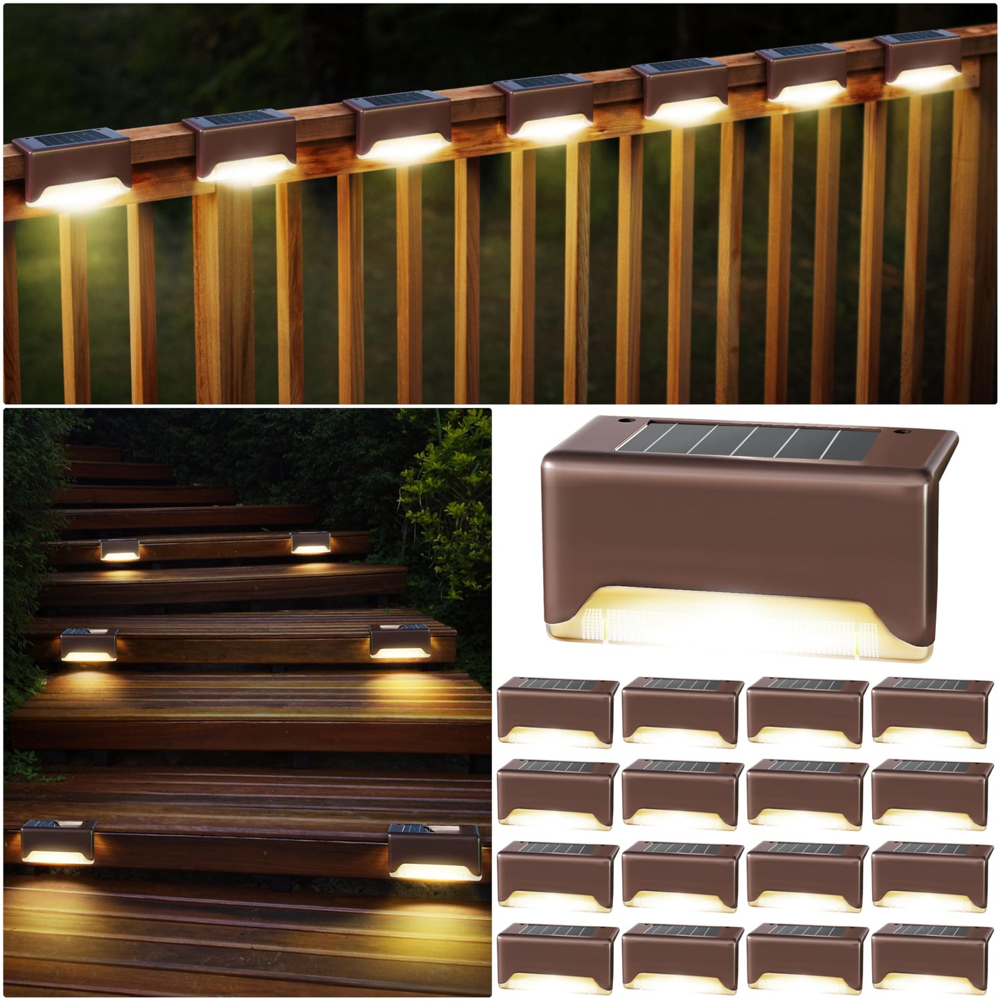 FJZ Solutions inc Solar Deck Lights, LED 16 Pack to Fence Post, Deck Lights, Waterproof, Powered Deck Decorations Outdoor, Solar Fence Lights,Patio, Garden, Step, Yard, and Pathway(Warm White)