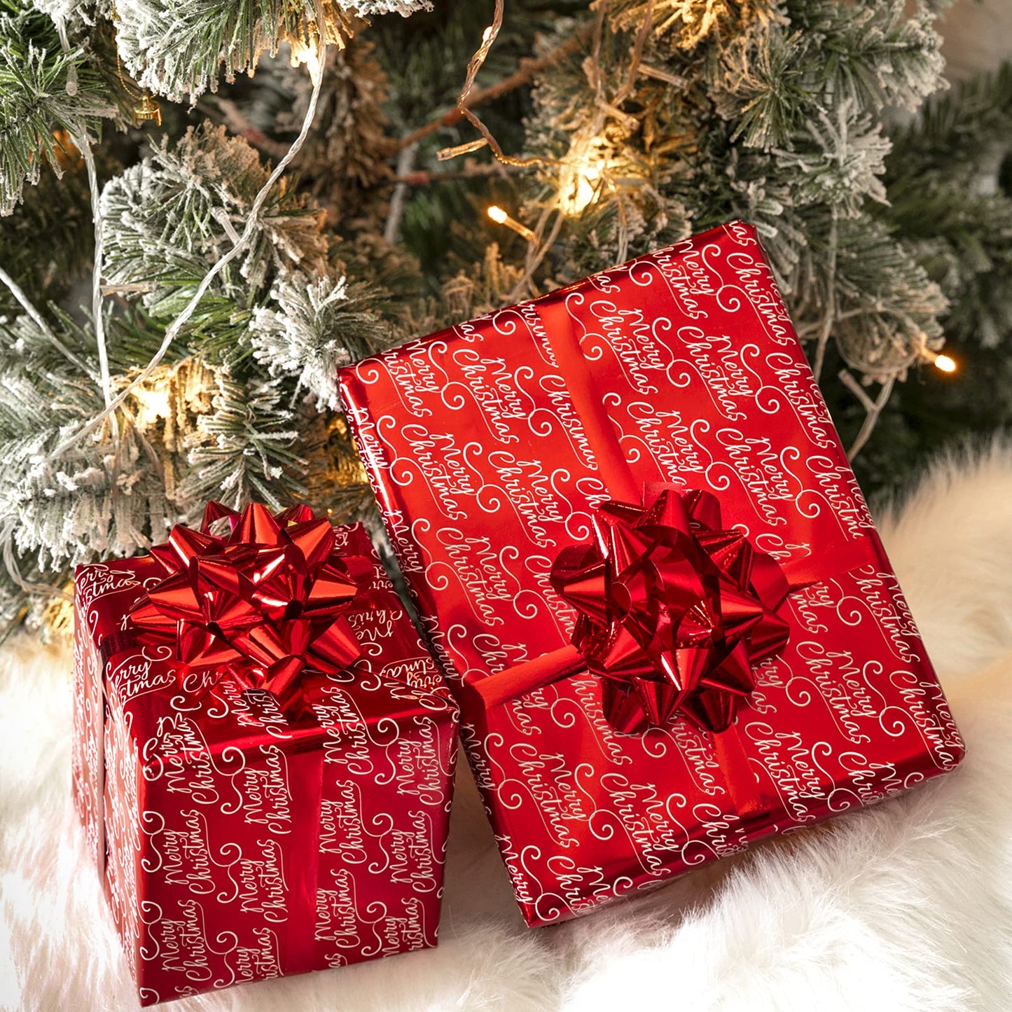 Reversible Vintage Christmas Wrapping Paper - Mini Roll - 17 Inch x 33 Feet - Black Jolly Santa Wrapping Paper and Red Merry Christmas Design with Metallic Foil Shine for Holiday, Party