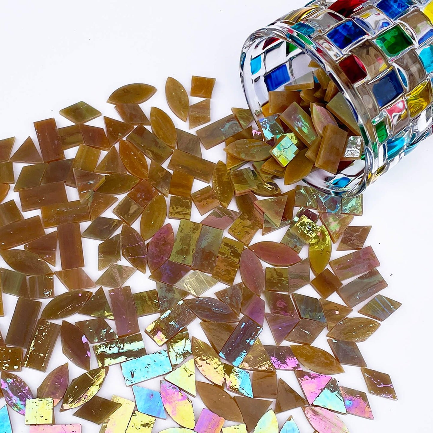 LITMIND Brown Iridescent Stained Glass Mosaic Tiles for Crafts - 240 Pieces, 5 Shapes Mixed (Rectangle, Triangle, Rhombus, Square, Leaf) - Ideal for Mosaic Making Projects