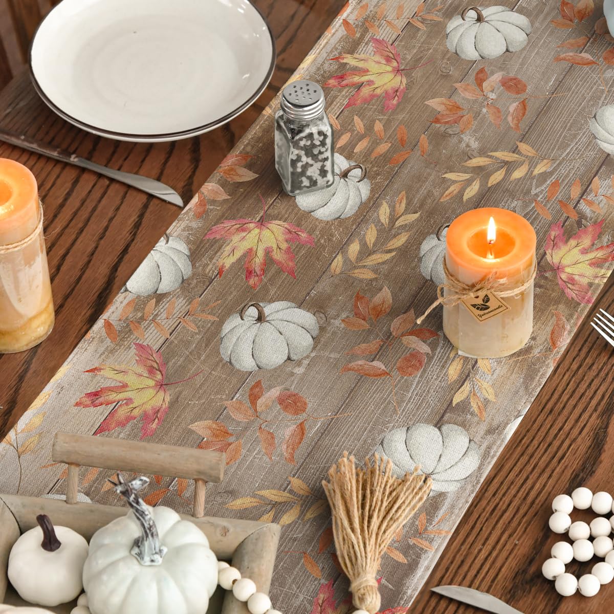 Pumpkins Maple Leaves Brown Wood Fall Table Runner, Seasonal Autumn Kitchen Dining Table Decoration for Home Party Decor 13x72 Inch