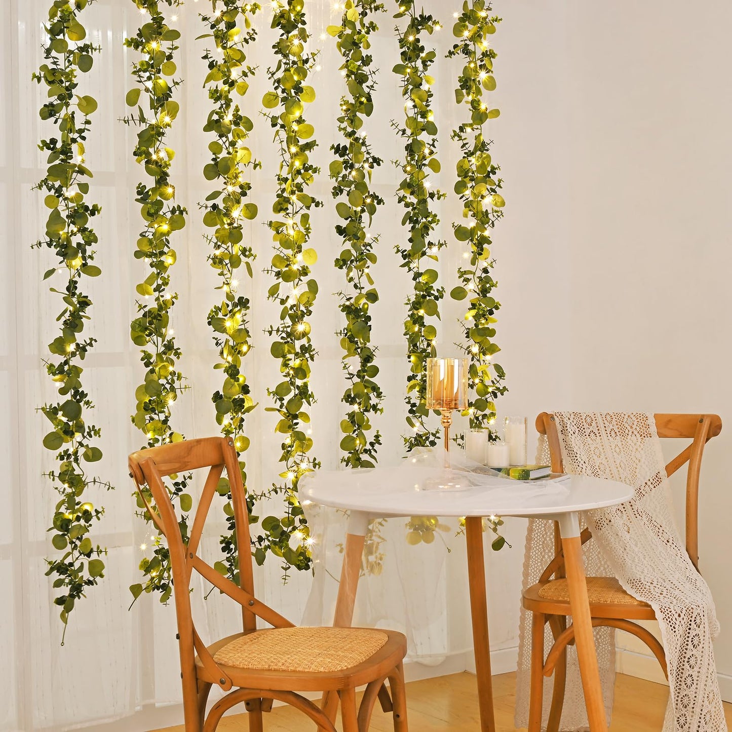 Dolicer 2 Packs 6FT Artificial Eucalyptus Garland with LED Light String, Faux Greenery Garland Hanging Fake Silver Dollar Eucalyptus Leaves Vines for Wedding Backdrop Arch Table Wall Party Home Decor
