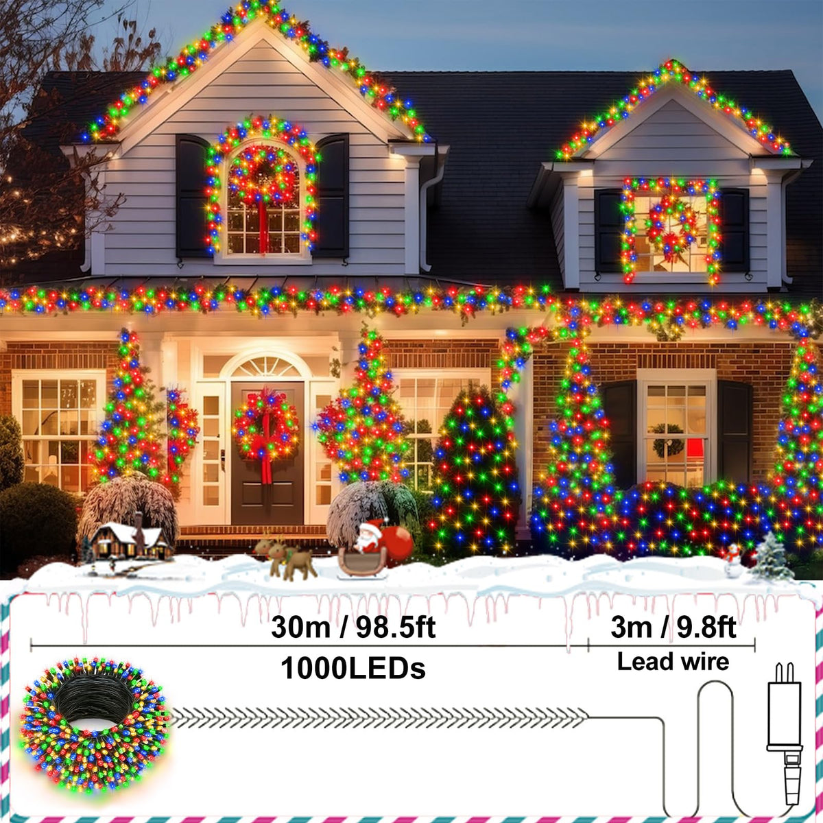 Dual Color 100Ft 2000 LED Cluster Christmas String Lights with Remote Timer