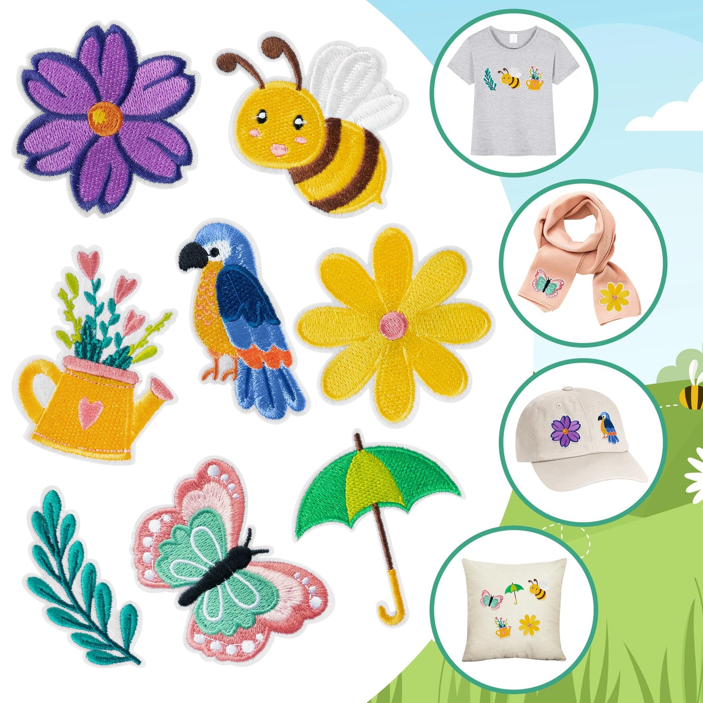 Kirako 8 Pcs Spring Iron on Patches Colorful Flowers Bee Butterfly Sew on Embroidered Applique Repair Patch Seasonal DIY Crafts Accessories Festive Gifts for Clothing Jacket Backpack Hat Shoes