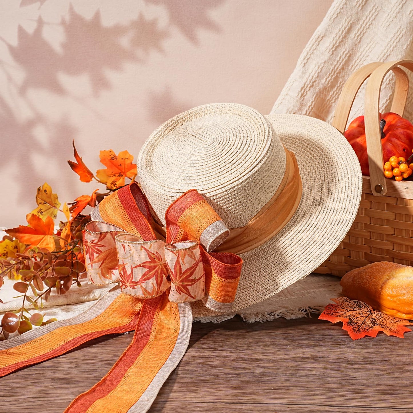 LaRibbons Fall Burlap Ribbon Wired 2 1/2" x 10 Yards 2 Rolls, Maple Leave Striped Ribbon for Autumn Wreath Thanksgiving Farm Gift Wrapping Home Decor