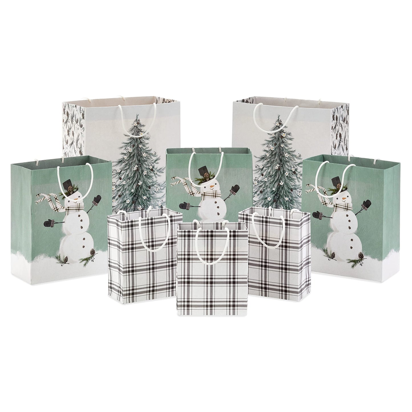 Christmas Gift Bag Assortment (8 Bags: 3 Small 6", 3 Medium 9", 2 Large 13") White and Sage Green with Rustic Snowman, Plaid, Evergreen Tree for Christmas, Winter Weddings, Birthdays