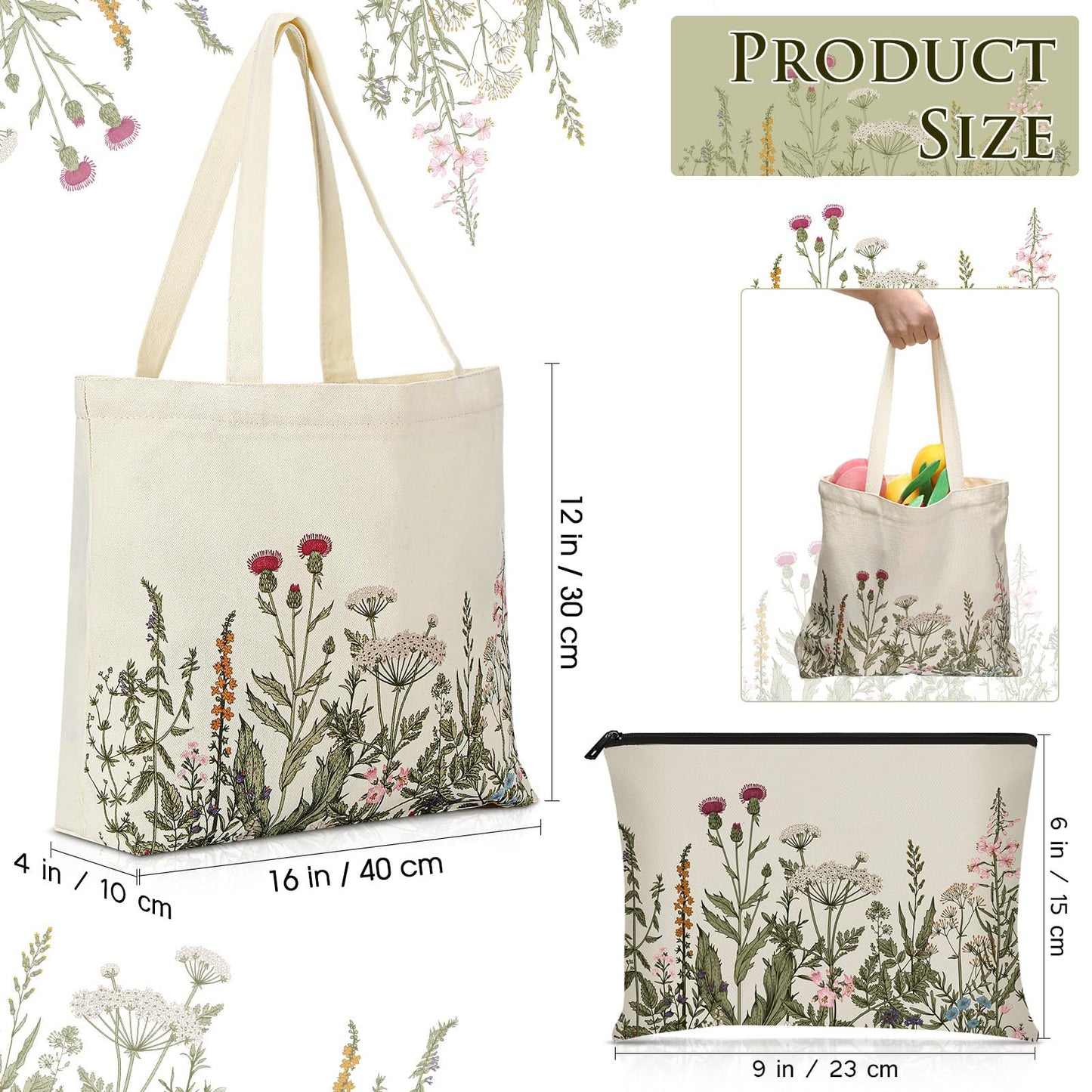 Sadnyy 2 Pcs Wildflower Aesthetic Canvas Tote Bags for Women with Makeup Zipper Pouch Mother's Day Cute Floral Reusable Shoulder Tote Bag for Graduation Teacher Beach Shopping Travel Work Gym Grocery