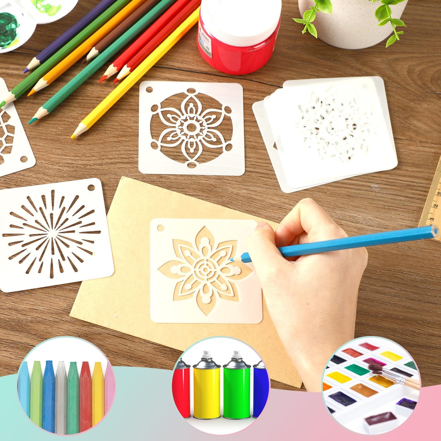 JULMELON 20 PCS Mandala Stencil, 3 Inch Mandala Stencils for Wood, Reusable Plastic Rock Painting Stencils DIY Art Projects Fabric Canvas Wall