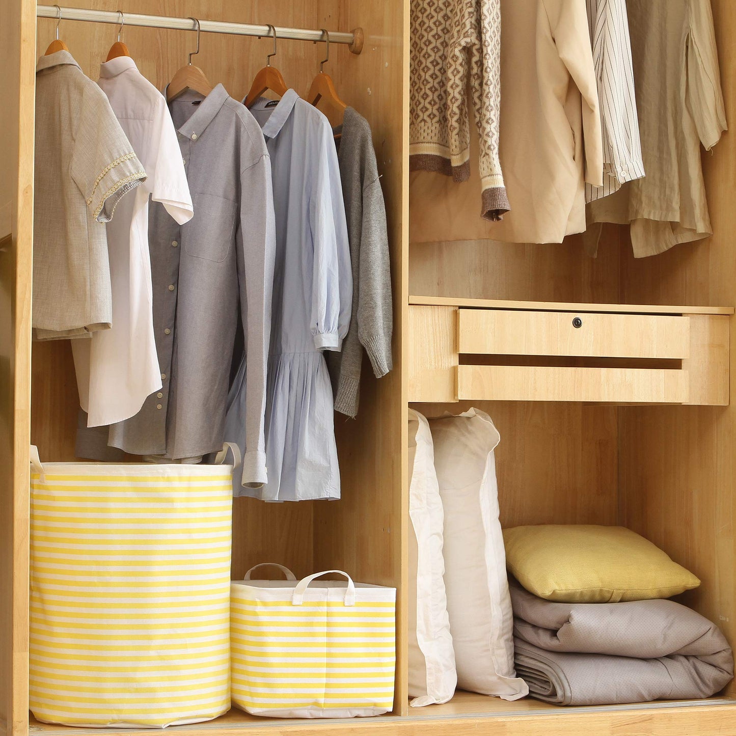 Sea Team Collapsible Canvas Fabric Storage Basket with Handles, Rectangle Waterproof Storage Bin, Box, Cube, Foldable Shelf Basket, Closet Organizer, 16.5 x 11.8 x 9.8 Inches, Yellow Stripe