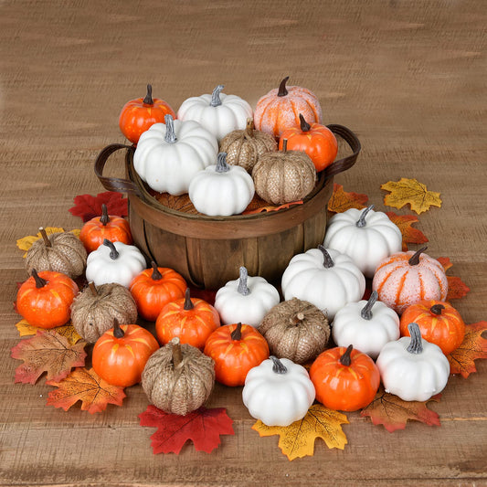 80Pcs Artificial Pumpkins Maple Harvest Fall Decoration, 30Pcs Fall Pumpkins and 50Pcs Maple Leaves for Autumn Thanksgiving Harvest Home Decor