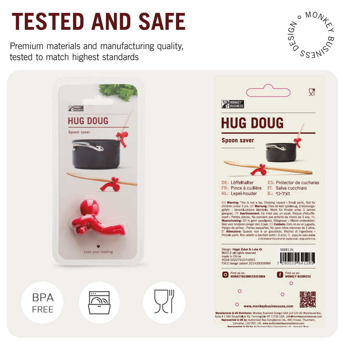 Monkey Business Spoon Saver - Hug Doug Silicone Spoon Saver and Rest, Adjustable to Most Kitchen Cooking Utensils, Red