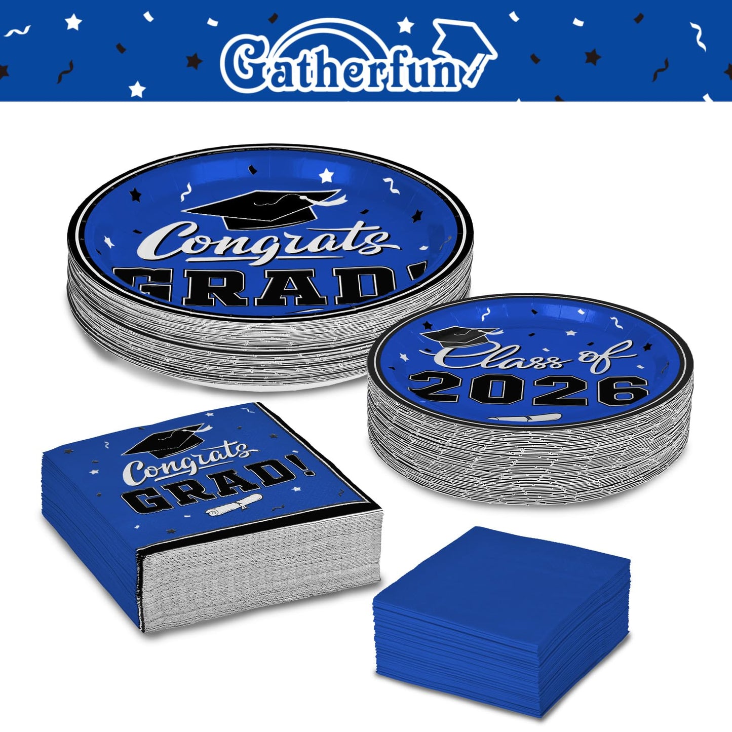 Gatherfun Graduation decorations 2026 Graduation Plates and Napkins Blue Disposable Paper Plates Luncheon Napkins Cocktail Napkins for Congrats Grad Party Decorations, Serve 50