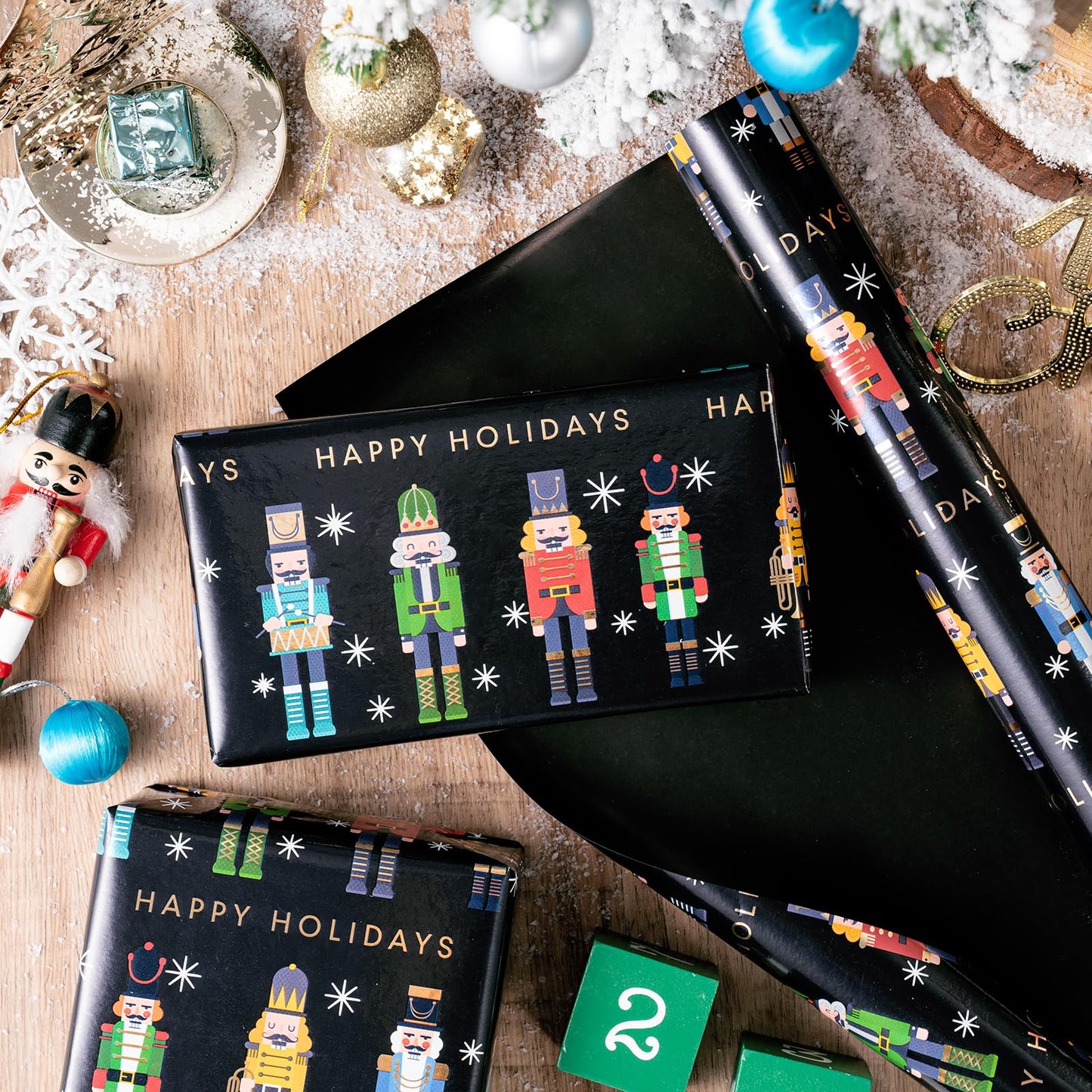 Reversible Nutcracker Christmas Wrapping Paper - Mini Roll - 17 Inch x 33 Feet - Foil Black Nutcracker Wrapping Paper for Christmas Holiday, Party Celebration