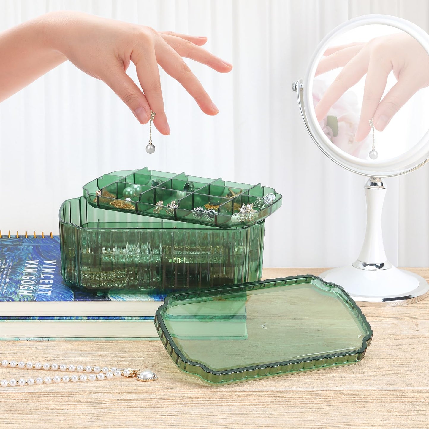 LETURE 3-Layer Jewelry Organizer Box for Earrings, Rings, Necklaces, Bracelets, Clear Plastic Bead Storage Containers for Crafts (Green)