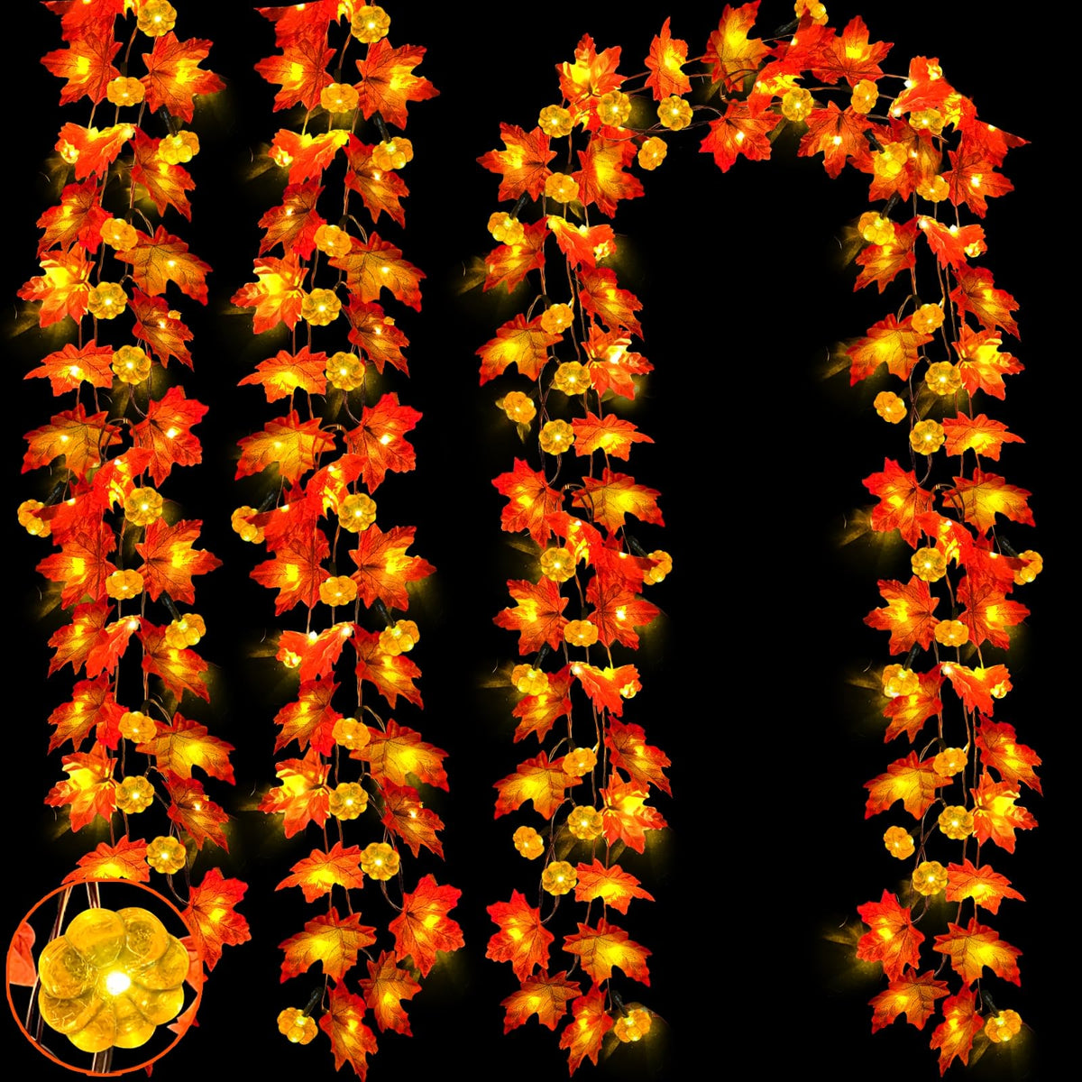 Timer&3 Pack Fall Decor Fall Garland with Pumpkin Lights 30Ft 60LED
