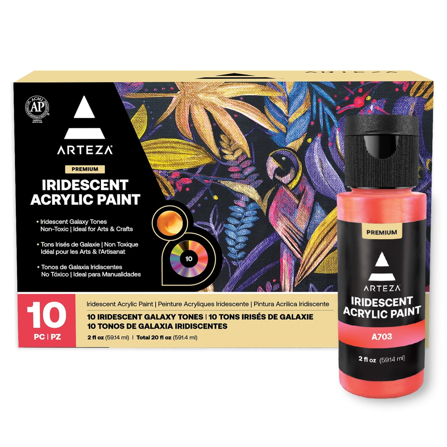 ARTEZA Iridescent Acrylic Paint Set, 10 Galaxy Tones, 60 ml / 2 fl oz Bottles, Shimmer Water-Based Paints for Canvas, Wood, Rocks, Fabric, Paper, and Mixed Media