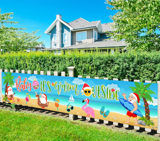 Christmas In July Decorations Baby It’s Warm Outside Banner Summer Christmas Yard Sign with Santa Claus, Beach and Flamingos for Hawaii Christmas Theme Supplies Indoor Outdoor Decorations