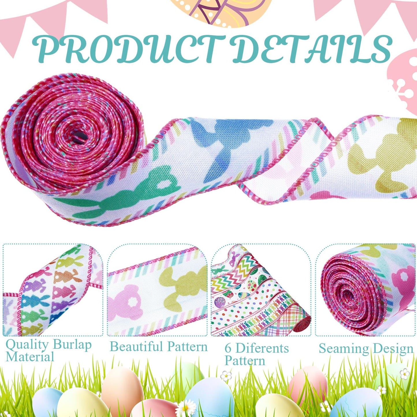 6 Rolls 30 Yards Easter Wired Ribbons Edge Pastel Easter Egg Bunny Rabbit Plaid Dots Fabric Burlap Ribbons for Spring Holiday Decorations Gift Wrapping Wreath Bows DIY Crafts Making, 2 Inch