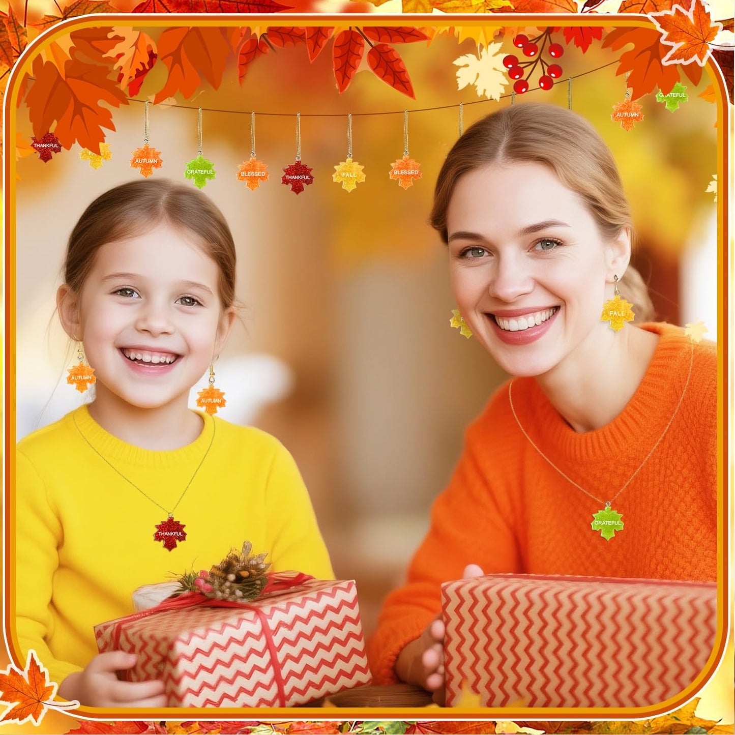 48Pcs Glitter Fall Maple Leaf Ornaments Resin Thanksgiving Hanging Ornaments for Small Tree Autumn Harvest Hanging Pendants Charms with String for Party Favors Home Table Wall Decor