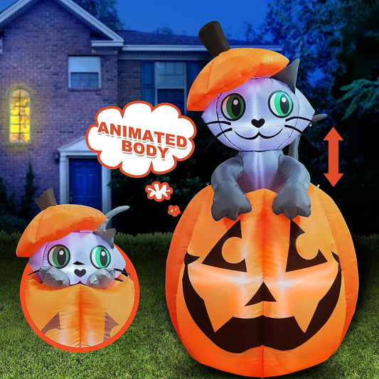 5 FT Halloween Inflatables Outdoor Decorations, Inflatable Halloween Decor Outdoor Blow Up Pumpkin for Yard, Animated Blow Up Cat On Pumpkin with LEDs for Outside Decor