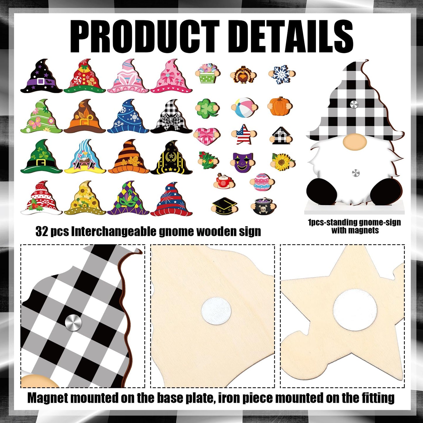 34 Pcs Christmas Interchangeable Wooden Gnome Decor DIY Holiday Christmas Seasonal Tiered Tray Decoration Gnomes with Magnet Pieces Welcome Sign for Xmas Holiday Decorations (Stylish)