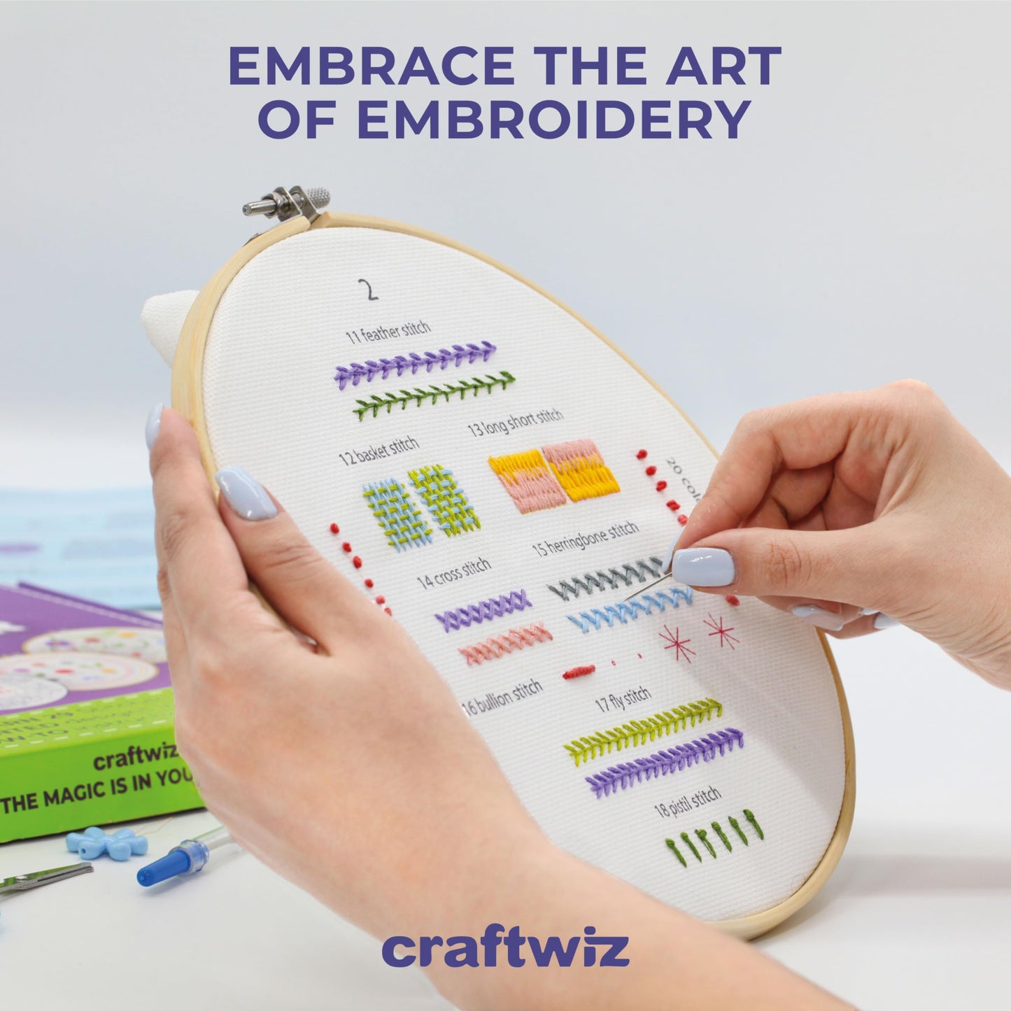 Craftwiz 4-Piece Starter Embroidery Kit for Beginners and Expert with Simple Patterns, Learn 29 Stitches with Hand Embroidery Kit