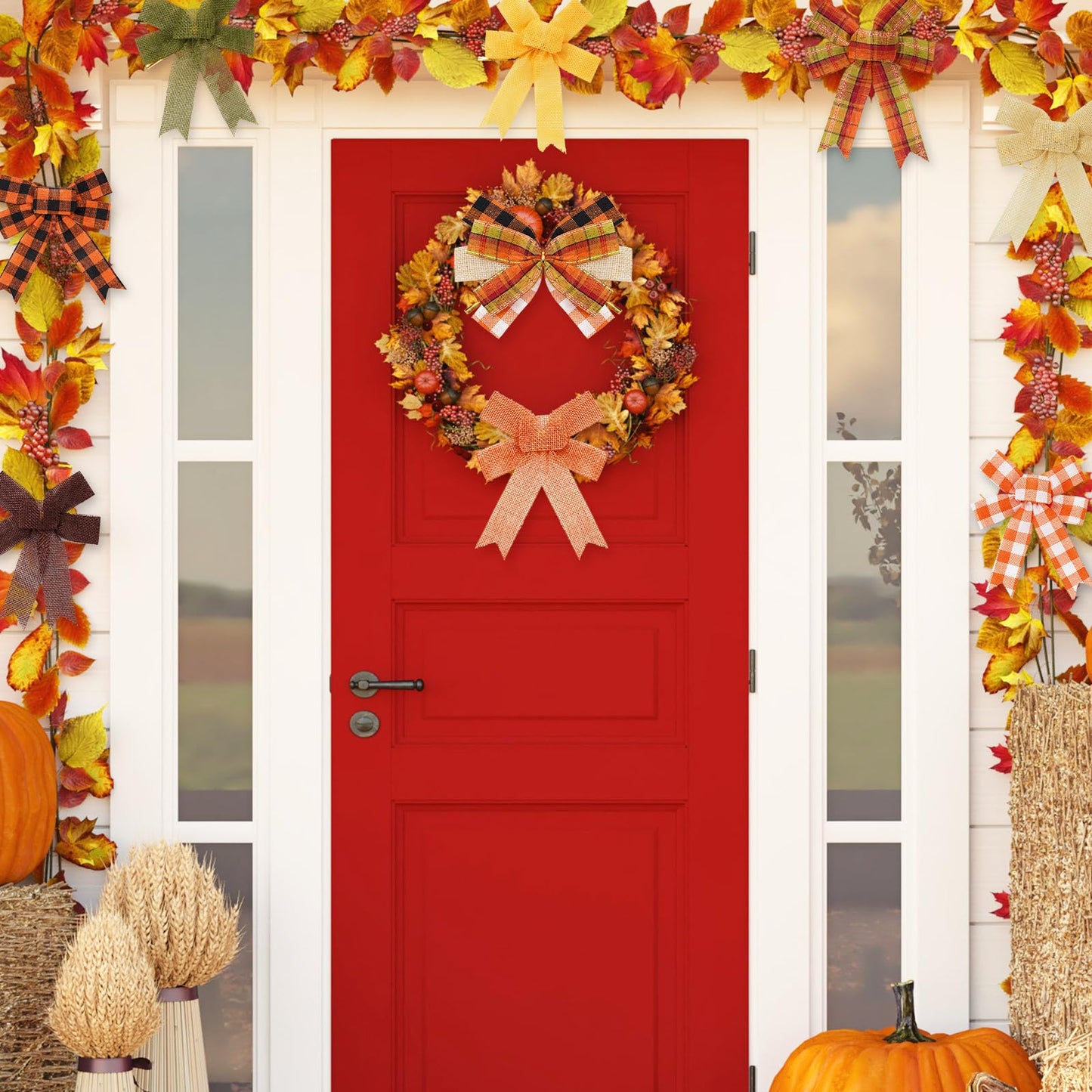 Whaline 10 Rolls 50 Yards Plaid Burlap Ribbon Rolls 1 Inch Fall Wrapping Ribbon Thanksgiving Ribbon Autumn Decorative Ribbon for Autumn Harvest Thanksgiving Wreath Decoration