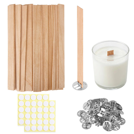 Visgaler 150 Pcs Thickned Wooden Candle Wicks. 5.1 X 0.5 X 0.06 Inch Upgrade Crackling Wooden Wicks, Long Lasting Smokeless Wood Wicks with Iron Standers, Wick Stickers, and Warning Labels- 50 Sets