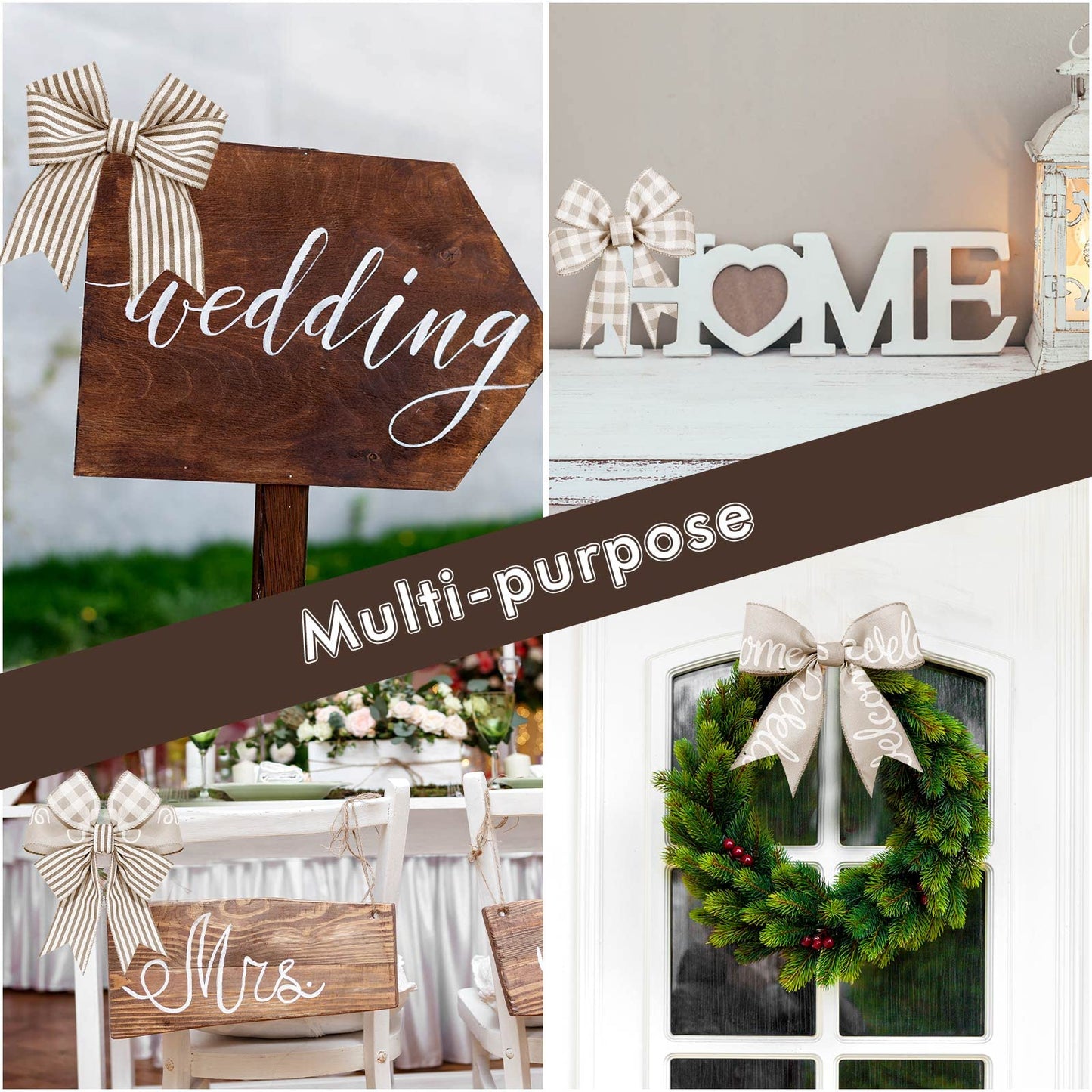 20 Yards Farmhouse Ribbon 4 Rolls Welcome Stripe Dot Buffalo Plaid Wired Ribbon Rustic Polyester for Summer Wreaths Assorted DIY Present Wrapping Floral Bow Craft Deco(Natural)