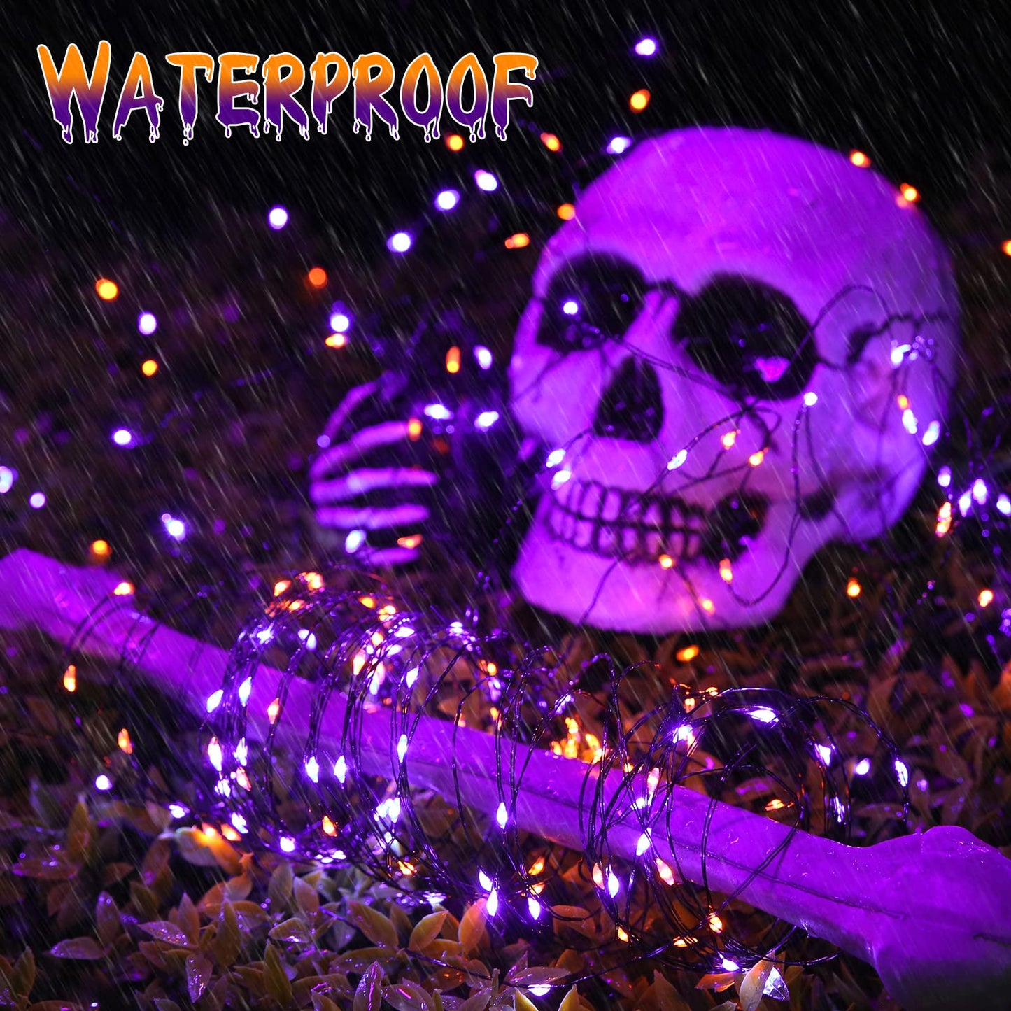 Joomer Orange Purple Halloween Solar String Lights 2Pack Total 100ft 300LED 8 Modes Solar Fairy Lights, Waterproof Lights Black Wire for Halloween Decorations