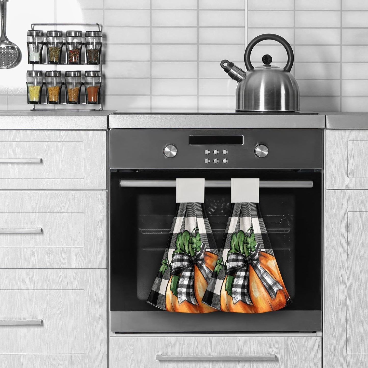 Fall Hanging Kitchen Towel Pack of 2- Autumn Orange Pumpkin Checkered Decor Hand Loop Hook Towels- Buffalo Plaid Thanksgiving Soft Washcloth Dish Wipe Towel for Bathroom Laundry Room