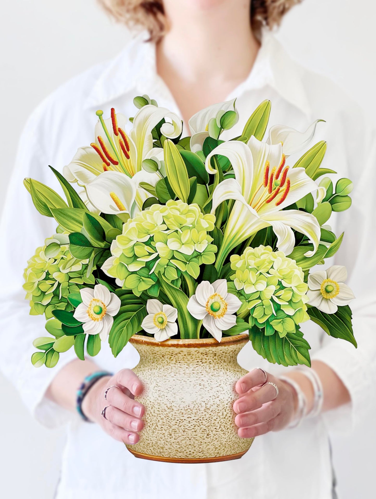 Freshcut Paper Pop Up Cards, Ivory & Sage, 12 Inch Life Sized Forever Flower Bouquet 3D Popup Greeting Card, Birthday Cards, Get Well Gifts, Blank Notecard & Envelope