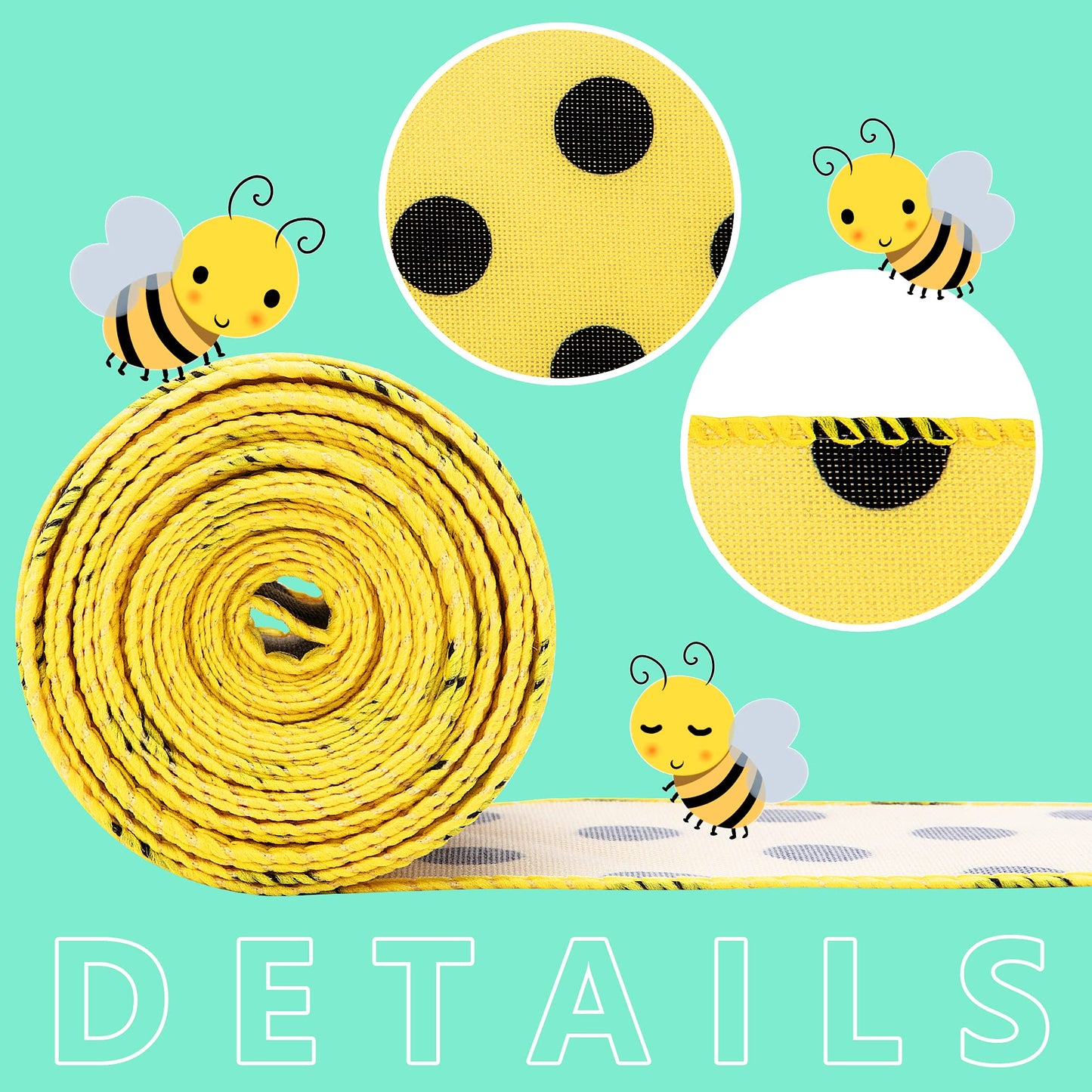 3 Pack 18 Yard Bumble Bee Ribbon Wired Polka Dot Wired Edge Ribbon Bee Vertical Stripe Craft Ribbon Decorative Ribbon for Wrapping, Party Decoration, Hair Bows, Crafting and Sewing