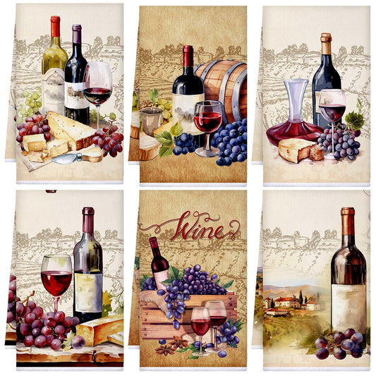 6 Pcs Red Wine Kitchen Towels Decorative Sets Dish Towels Absorbent Fast Drying Hand Tea Vintage Hanging Reusable Cleaning Dishcloths for Cooking Farmhouse Bathroom Accessory