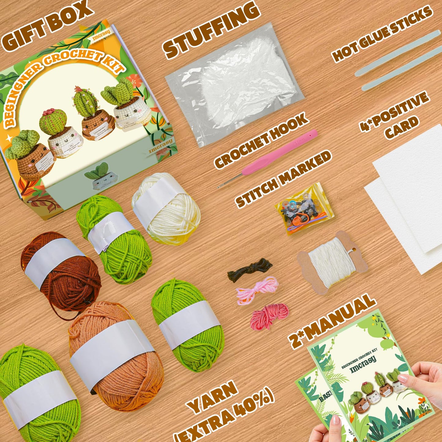 Imcrasy Beginner Emotional Support Succulent Crochet Kit with Step by Step Video Lessons | 4 PC Succulent Crochet Kit with Accessories (40%+ Yarn)