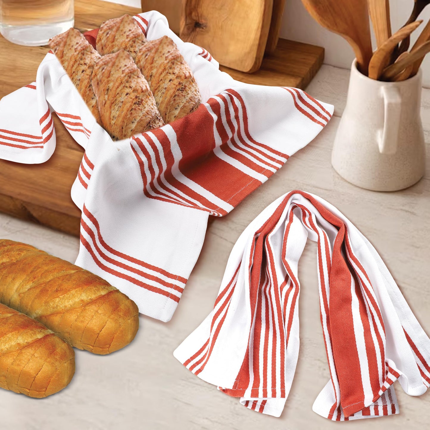 Urban Villa Fall Kitchen Towels 100% Cotton Pack of 6 Highly Absorbent Quick Drying Soft Premium Dish Towels for Kitchen with Hanging Loop Thanks Giving TeaTowels - 20x30 Inch (Rust & White Striped)