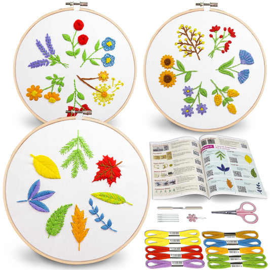 Bradove 3 Sets Leaves and Flowers Embroidery Kit with Embroidery Patterns, Adult Beginner Learn to Embroider Kit, Stitches Kit