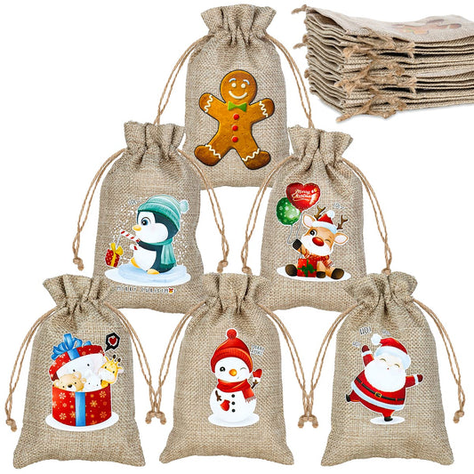 24 Pack Christmas Jute Burlap Bags, Christmas Drawstring Gift Bags for Xmas Presents Holiday Party Favor Treats Candy, 6 Designs
