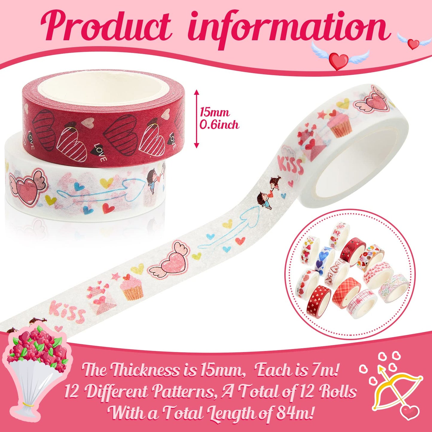12 Rolls Valentine‘s Day Washi Tape Set 0.59 Inch by 23 Feet Decorative Washi Heart Tape Sweet Heart Masking Tapes Kawaii for Valentine Scrapbook Wedding Anniversary Decoration Party Supply